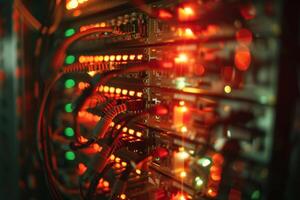 A computer server with many cables and lights photo