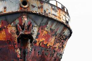 A rusted old ship with a large anchor on the front photo