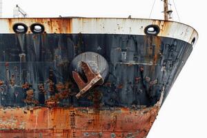 A rusted ship with a large anchor on the front photo