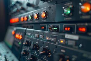 A row of electronic equipment with a green light on the middle one photo