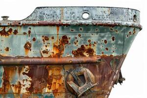 A rusted boat with a rusty anchor and a rusty chain photo