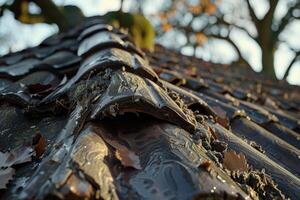 A roof with leaves and debris on it photo