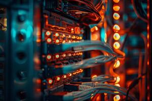 A computer network with many wires and cables photo