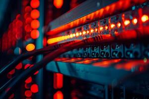 A computer network with red lights on the cables photo