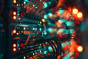 A colorful image of a computer network with many wires and lights photo