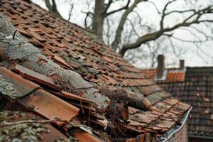 A roof with moss and a tree branch on it photo