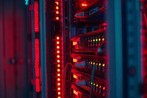 A row of computer servers with red lights on photo