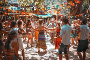 A group of people are dancing in a field with colorful banners and flags photo