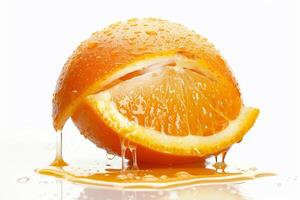 A slice of orange with a drop of juice on it photo