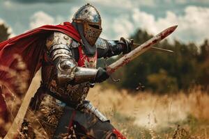 A knight in full armor is holding a sword and is about to attack photo