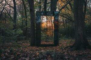 A large mirror is placed in the middle of a forest photo
