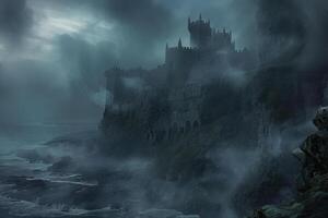 A castle on the edge of the ocean with fog photo