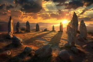 The sun is setting over a stone circle photo
