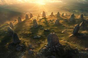 The sun is setting over a field with stone circles photo