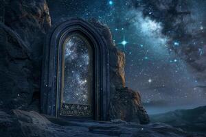 A door in the middle of a mountain with stars in the sky photo