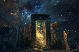 An open door in the middle of a stone wall photo