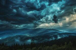 A stormy sky over mountains and trees photo
