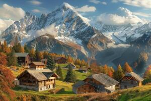 A mountain village with a mountain range in the background photo