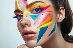 A woman with colorful makeup and a geometric design on her face photo