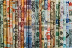 A collection of different currency bills photo