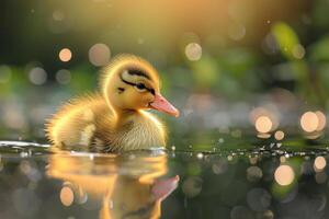 A duckling swimming in the water with a sun shining photo