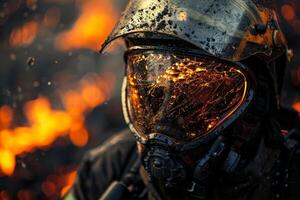 A firefighter is wearing a helmet and goggles, with a fire in the background photo