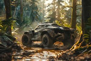 A vehicle driving through the woods photo