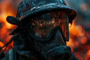 A firefighter is wearing a black mask and helmet, with a fire in the background photo