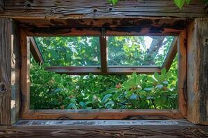 A window with a view of trees and a bird photo