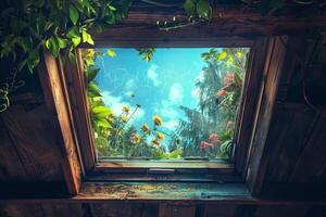 A window with a view of a forest and a blue sky photo