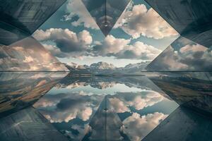 A photo of a mountain and clouds reflected in a mirror