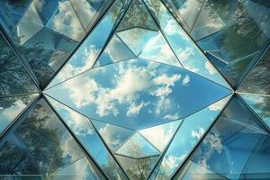 A reflection of the sky in a building with a diamond shape photo