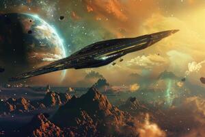 A spaceship is flying through space with a planet in the background photo