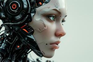 A close up of a woman with a robot head photo