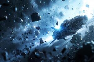 A spaceship is flying through space with a lot of rocks and debris photo