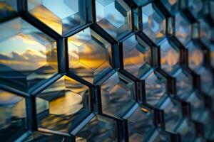 A close up of a glass wall with a sunset in the background photo