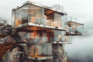 A house on top of a mountain with a view of the sky photo