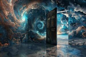 An open door to a space with a spiral galaxy photo