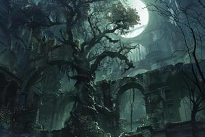 The dark forest is full of trees and trees photo