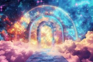 A colorful gate in the sky with clouds and stars photo