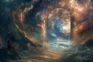A door in the sky with clouds and stars photo
