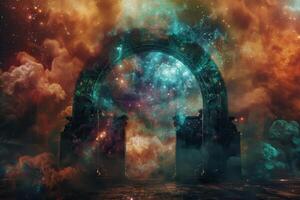 An image of an archway in the sky with clouds and stars photo