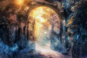 The gate to the underworld is open and the sun is shining through it photo