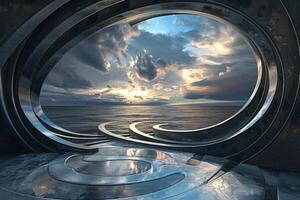 A futuristic looking tunnel with a view of the ocean photo