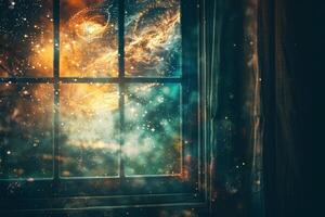 A window with a view of the stars and space photo