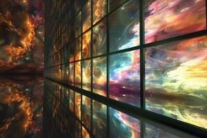 A large window with a colorful sky and clouds photo