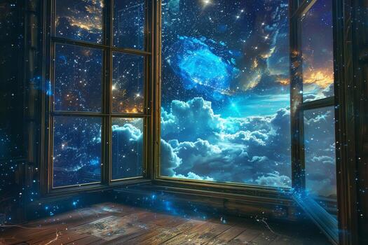 An open window with a view of the sky and clouds photo