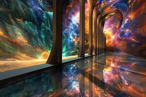 A colorful abstract painting of a hallway with a window photo