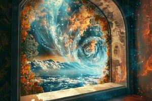 A window with a view of the sky and clouds photo
