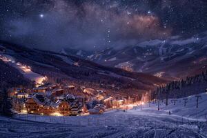 A snowy mountain with lights on it photo